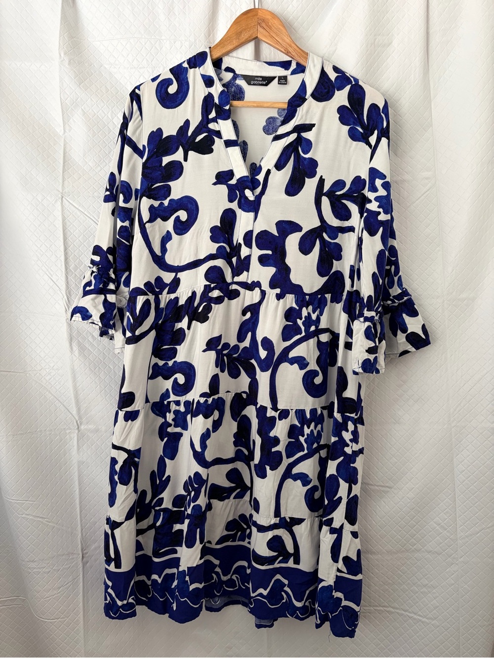 Mlle Gabrielle White and Navy Blue Asymmetrical Midi Dress